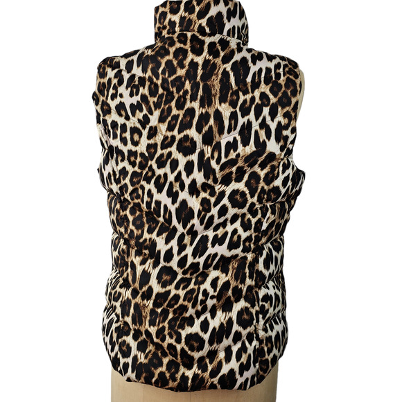 Lands End brown black cream leopard print zip front down puffer vest Small - Picture 2 of 6